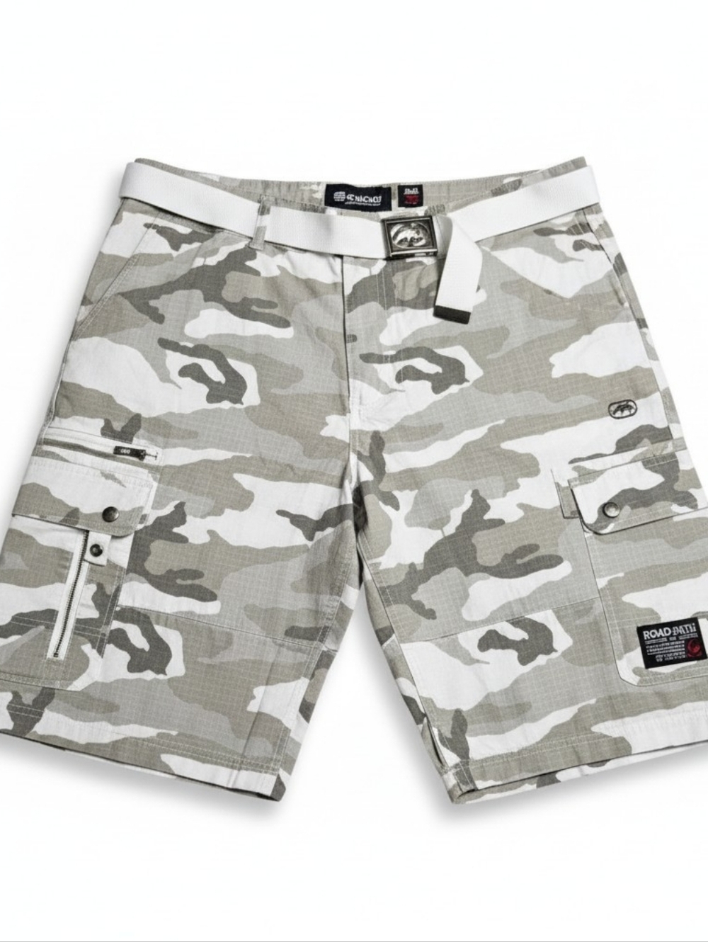 NWT Ecko Unltd Men's White Camo Cargo Style Belted Shorts, Size W38xL12
